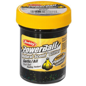 Cesto BERKLEY PowerBait Natural Glitter Trout Dough Black Gliter, Garlic